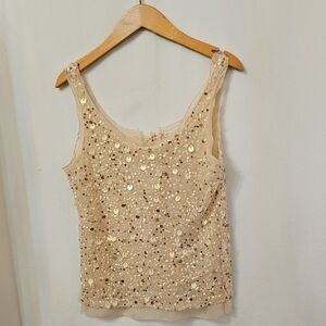 Sequin Embellished Cream Silk Golden Hawk Tank Top